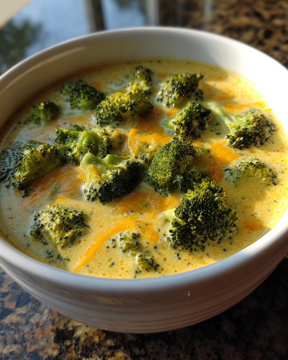 Close-up of a bowl of high protein broccoli cheddar soup, with visible broccoli florets and melted cheddar cheese.