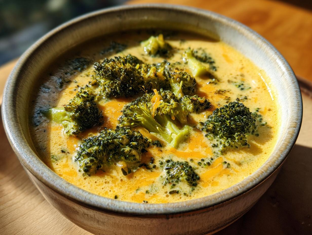 A close-up of a bowl filled with creamy high protein broccoli cheddar soup, featuring tender broccoli florets and melted cheddar cheese.