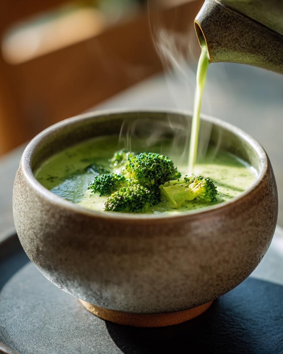 A stream of creamy green high protein broccoli cheddar soup is poured into a bowl topped with fresh broccoli florets.