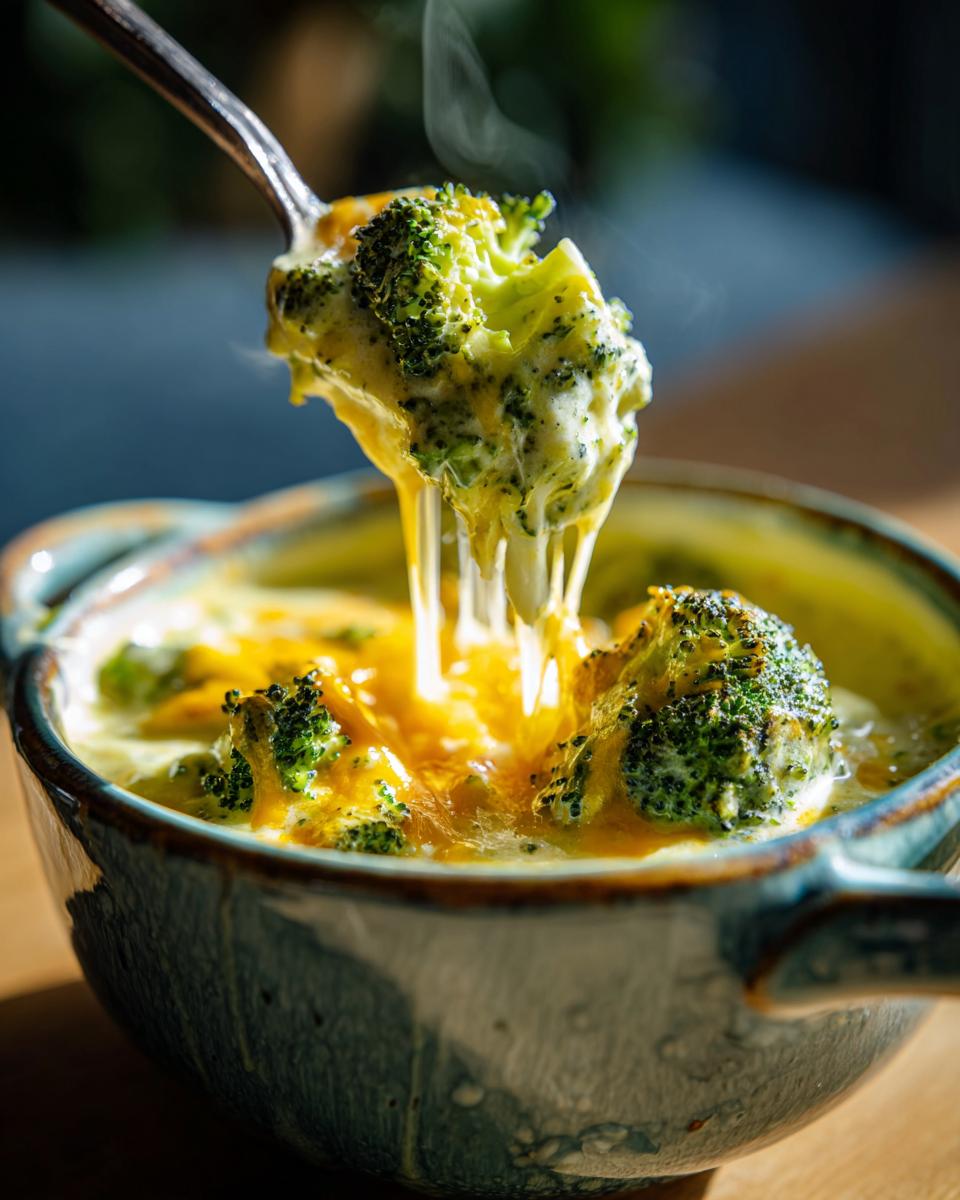 A spoonful of high protein broccoli cheddar soup, with melted cheese stretching from the bowl.