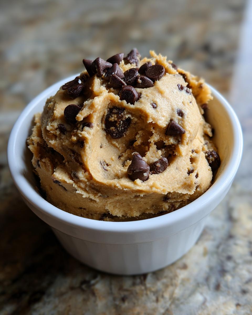 A close-up shot of a white bowl filled with creamy, chocolate chip-studded high protein cookie dough.