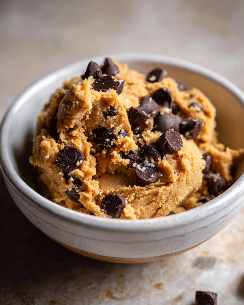 Close-up of a bowl filled with creamy high protein cookie dough studded with chocolate chips and a sprinkle of sea salt.