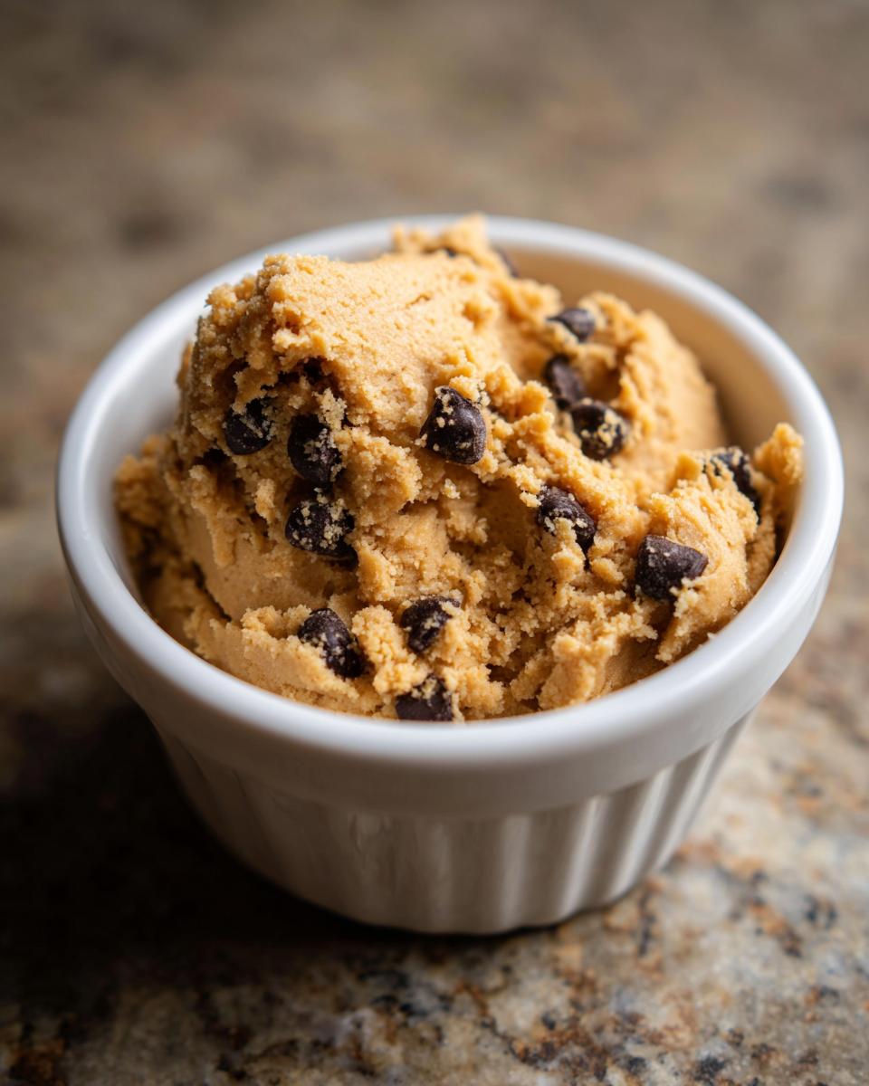 A close-up of a white ramekin filled with creamy, delicious high protein cookie dough studded with chocolate chips.