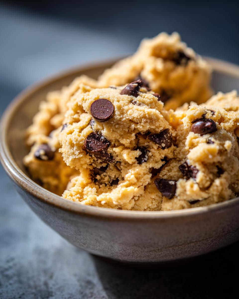 Close-up of a bowl filled with delicious high protein cookie dough studded with chocolate chips.