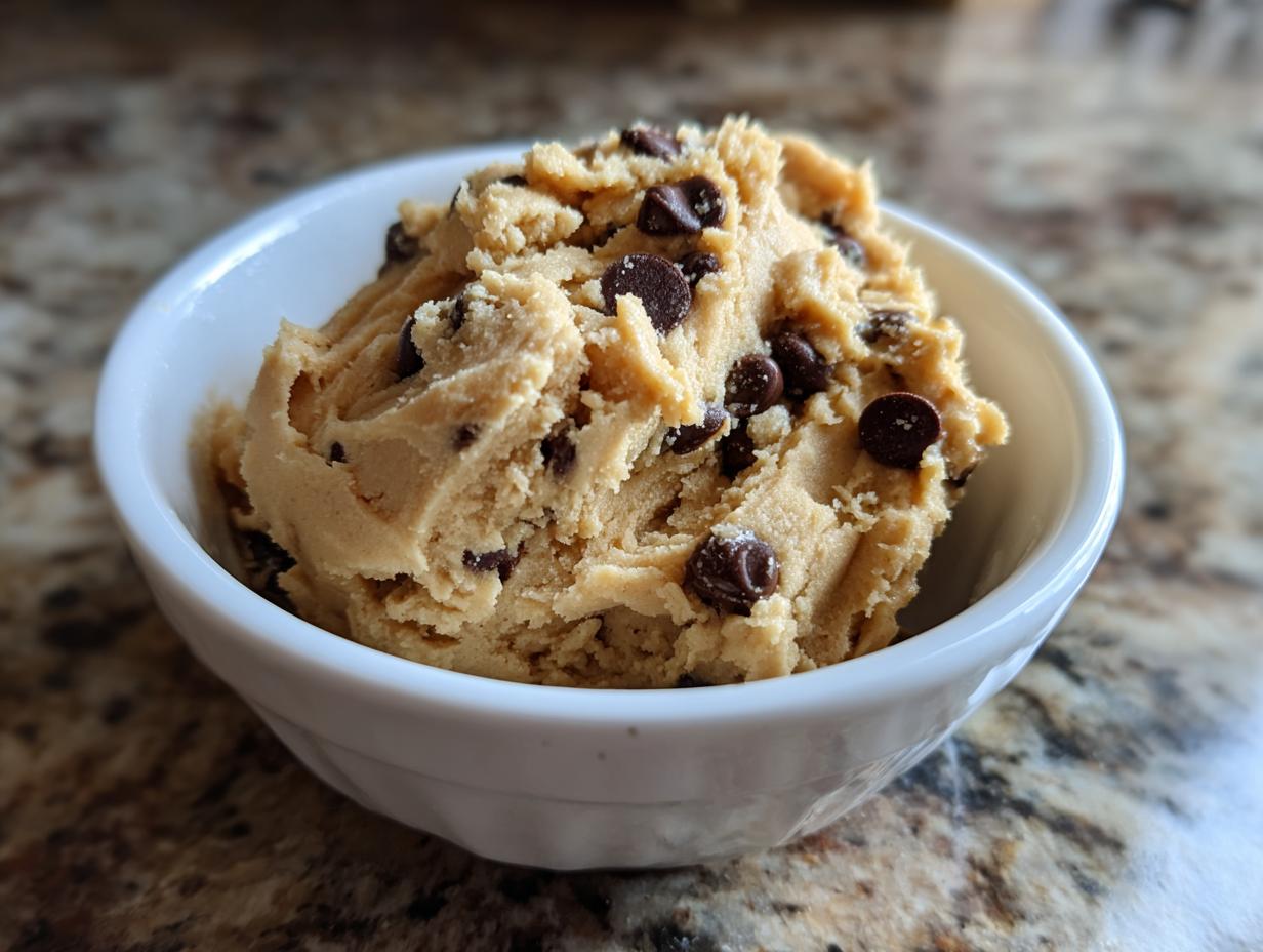 A white bowl filled with creamy high protein cookie dough studded with chocolate chips.