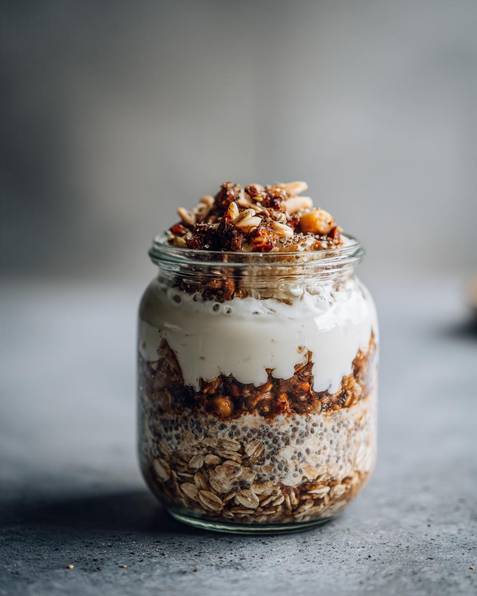 A layered jar of high protein overnight oats with yogurt, granola, chia seeds, and nuts.