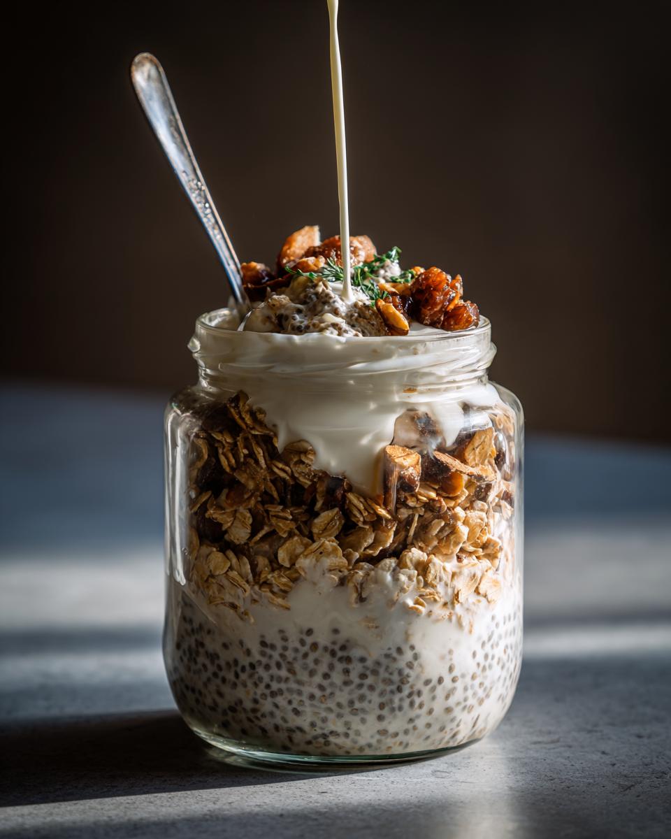 Close-up of high protein overnight oats in a jar, with layers of chia seeds, oats, yogurt, and toppings, as milk is poured in.