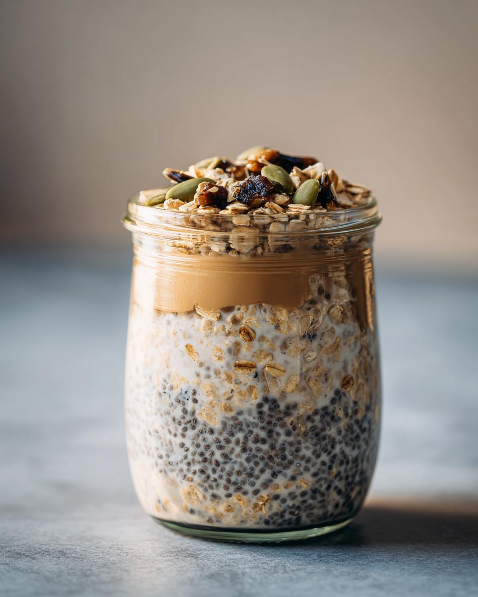 Close-up of high protein overnight oats in a jar, layered with chia seeds, oats, peanut butter, and topped with seeds and nuts.