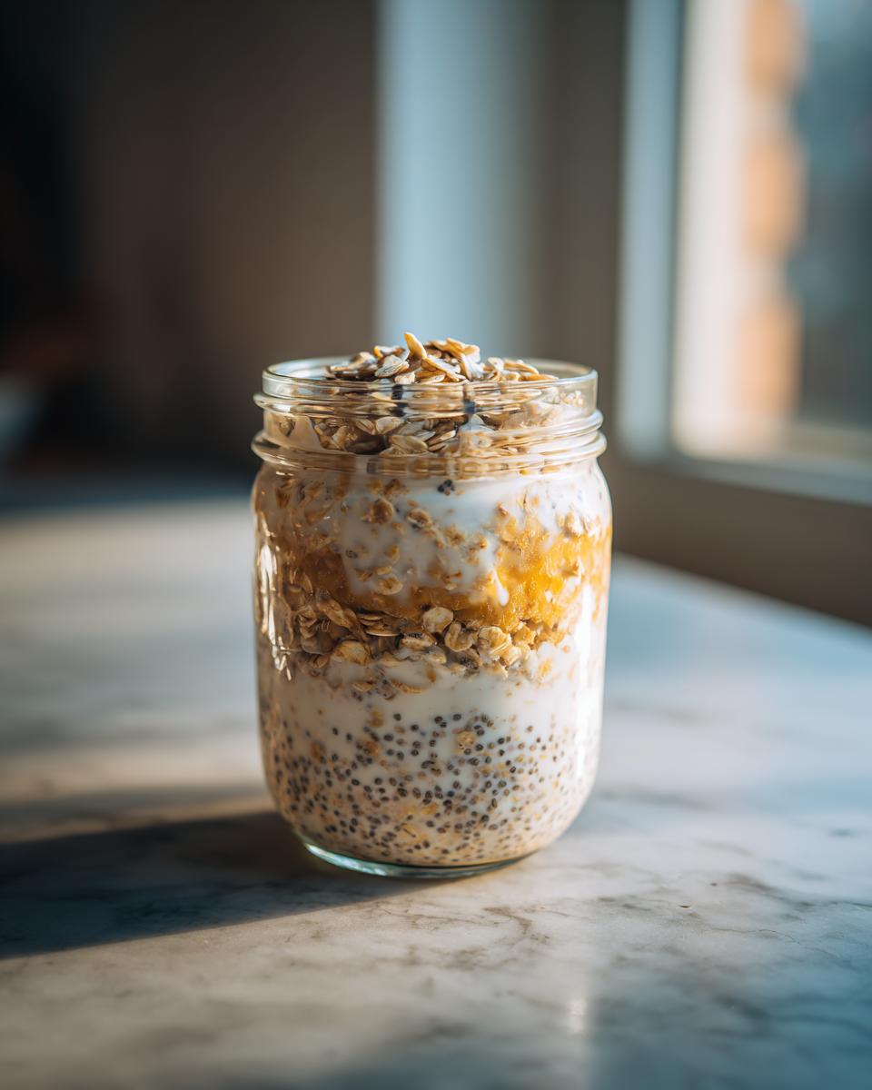 A close-up of high protein overnight oats in a mason jar, layered with chia seeds, oats, and fruit.