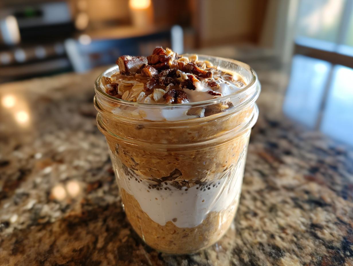 Close-up of delicious high protein overnight oats layered with yogurt and topped with nuts and dates in a mason jar.