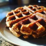 Close-up of golden brown high protein waffles stacked on a plate, dusted with powdered sugar.