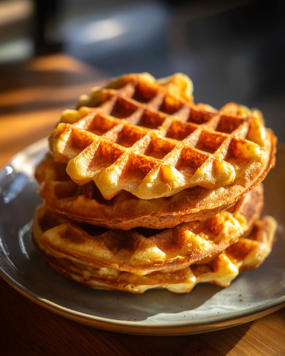 A close-up shot of a stack of golden-brown high protein waffles on a plate.
