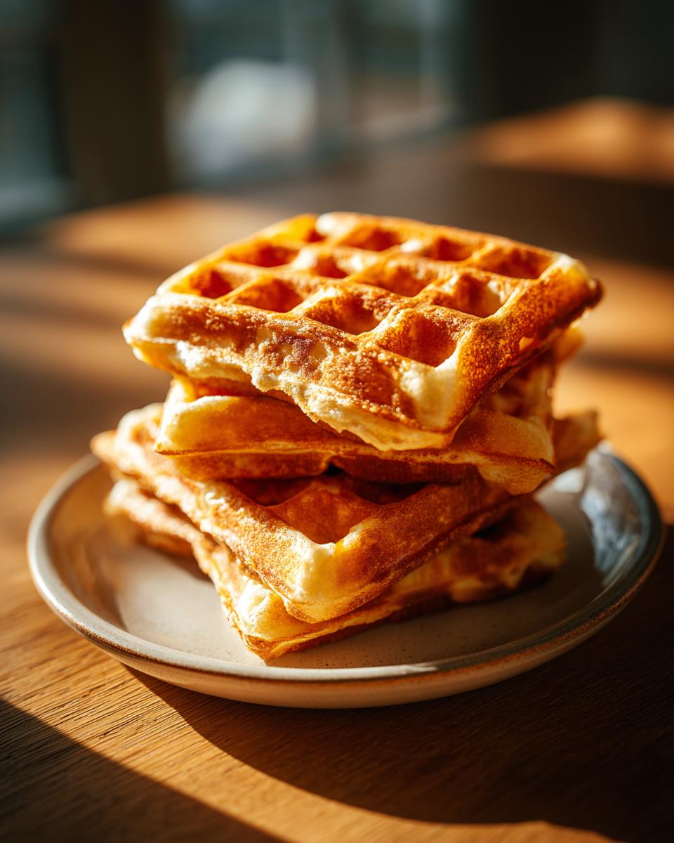 A stack of golden brown high protein waffles on a plate, bathed in warm sunlight.