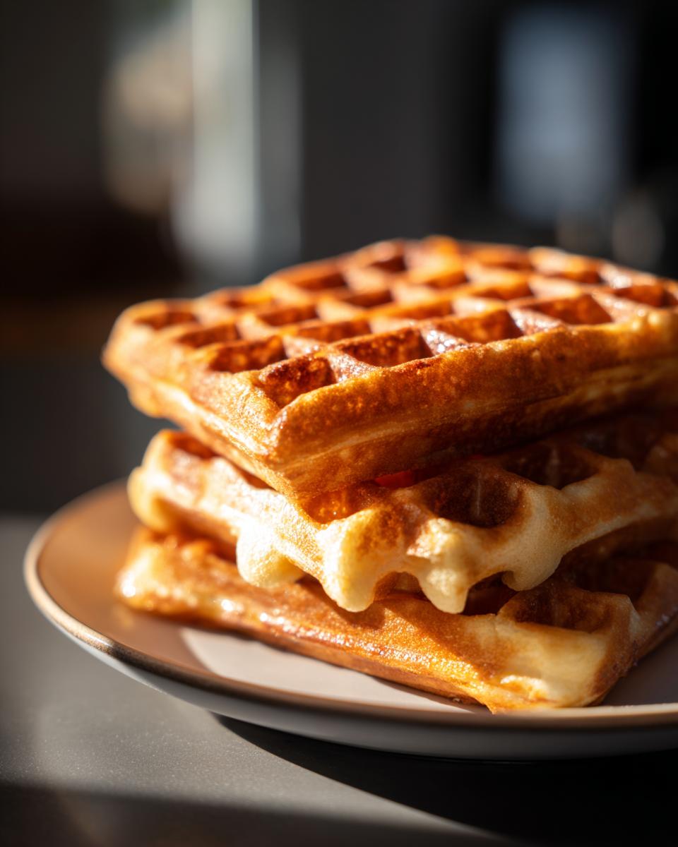 A close-up stack of golden brown high protein waffles on a plate, bathed in natural light.