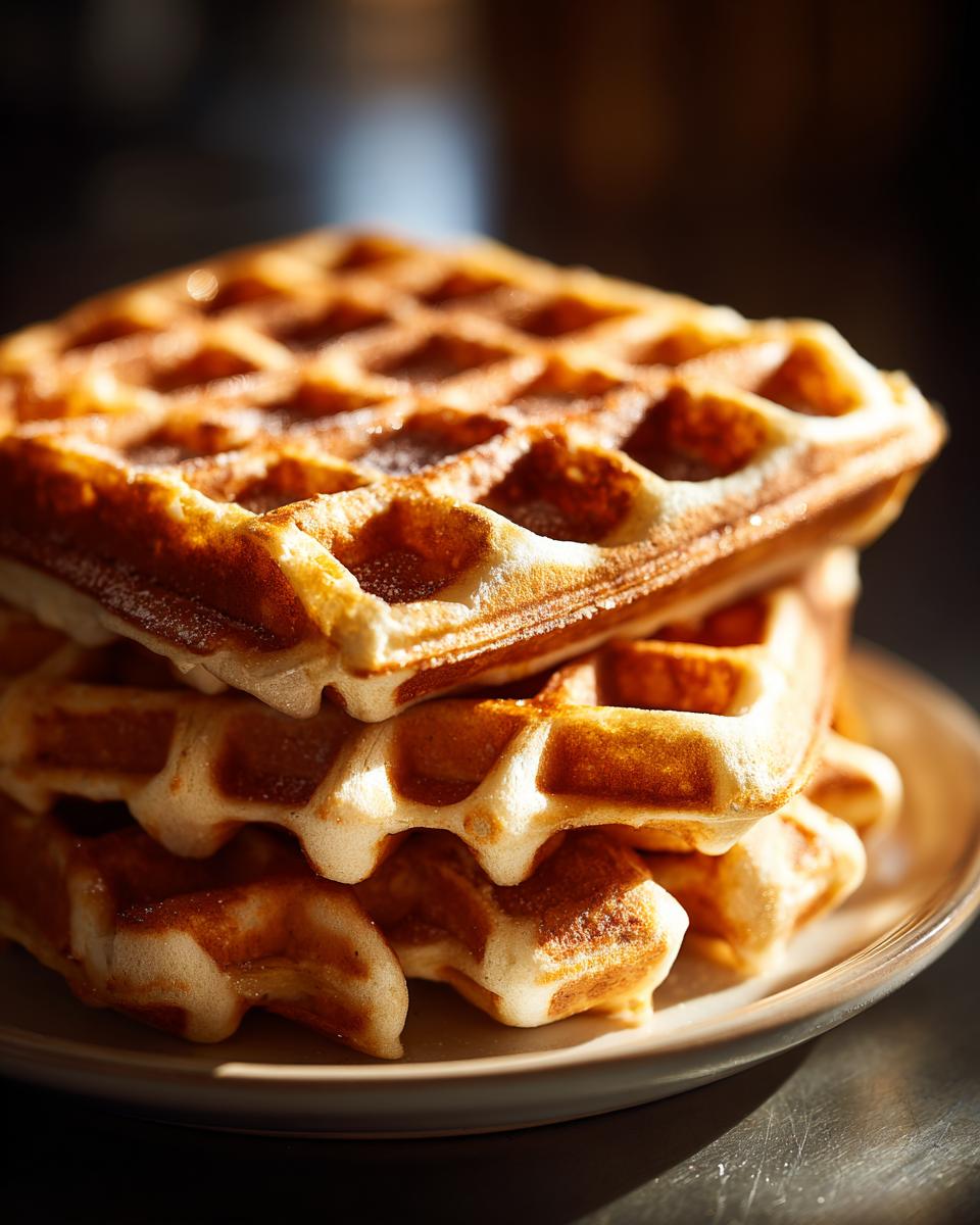 A close-up stack of golden-brown high protein waffles on a plate, dusted with powdered sugar.