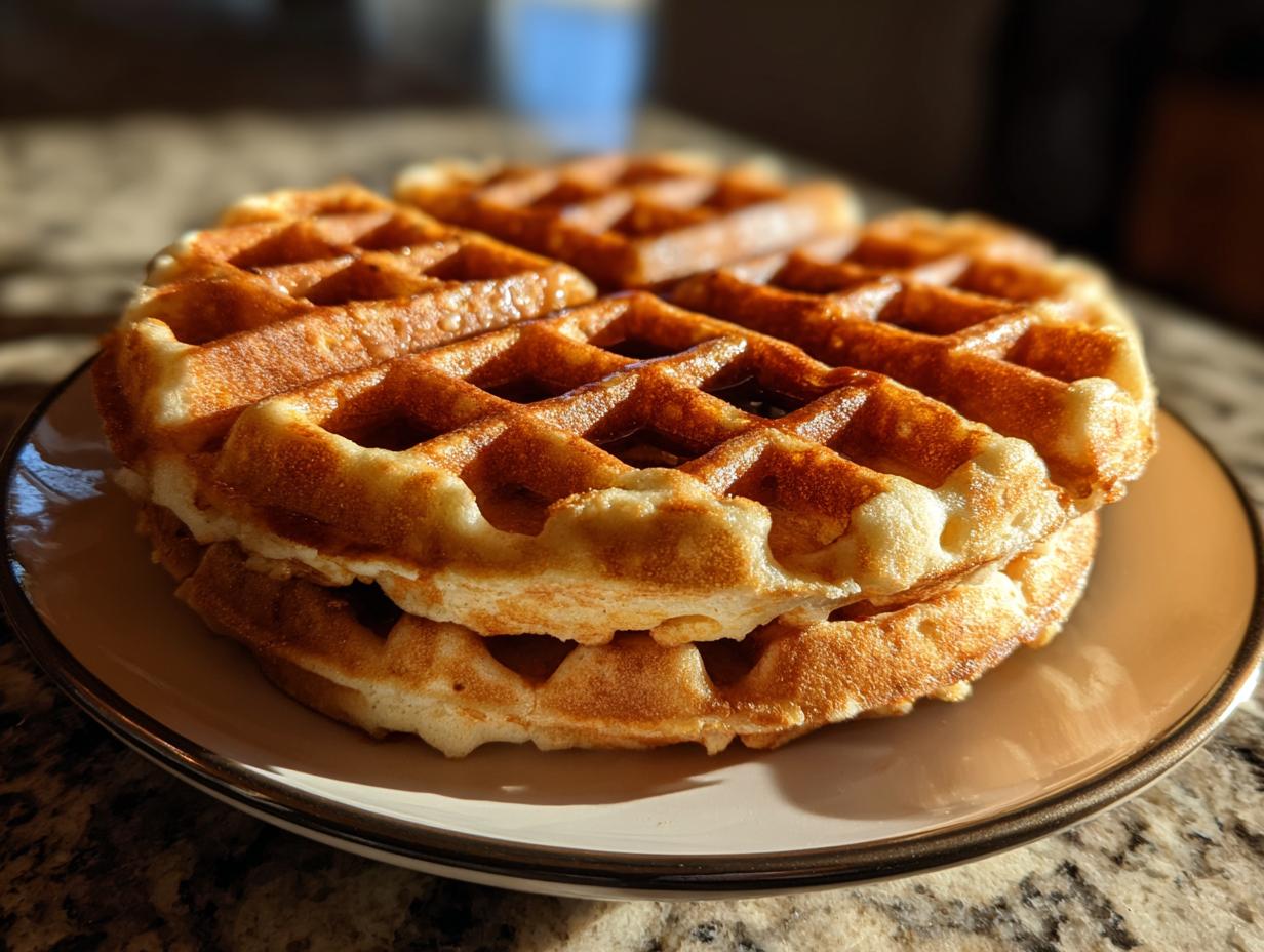 A close-up of two golden-brown high protein waffles stacked on a plate, glistening with syrup.