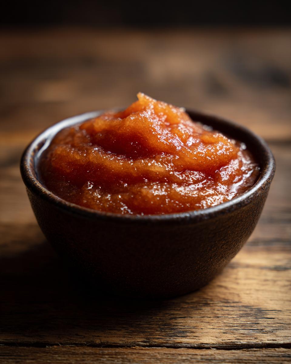 A close-up of a dark bowl filled with smooth, warm-toned homemade applesauce.