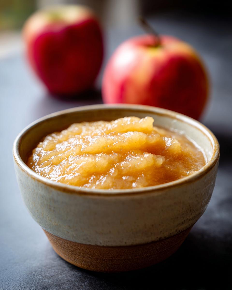 A close-up of a bowl filled with chunky, fresh homemade applesauce, with two red apples blurred in the background.