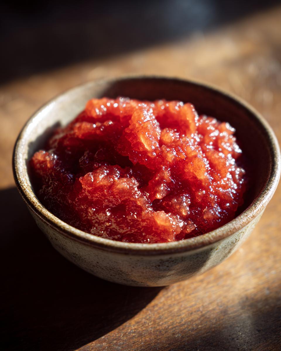 Close-up of a rustic bowl filled with vibrant red homemade applesauce, bathed in warm sunlight.