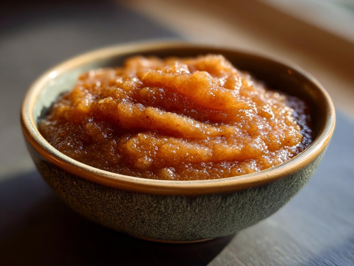 A close-up shot of a bowl filled with chunky, warm homemade applesauce, ready to be enjoyed.