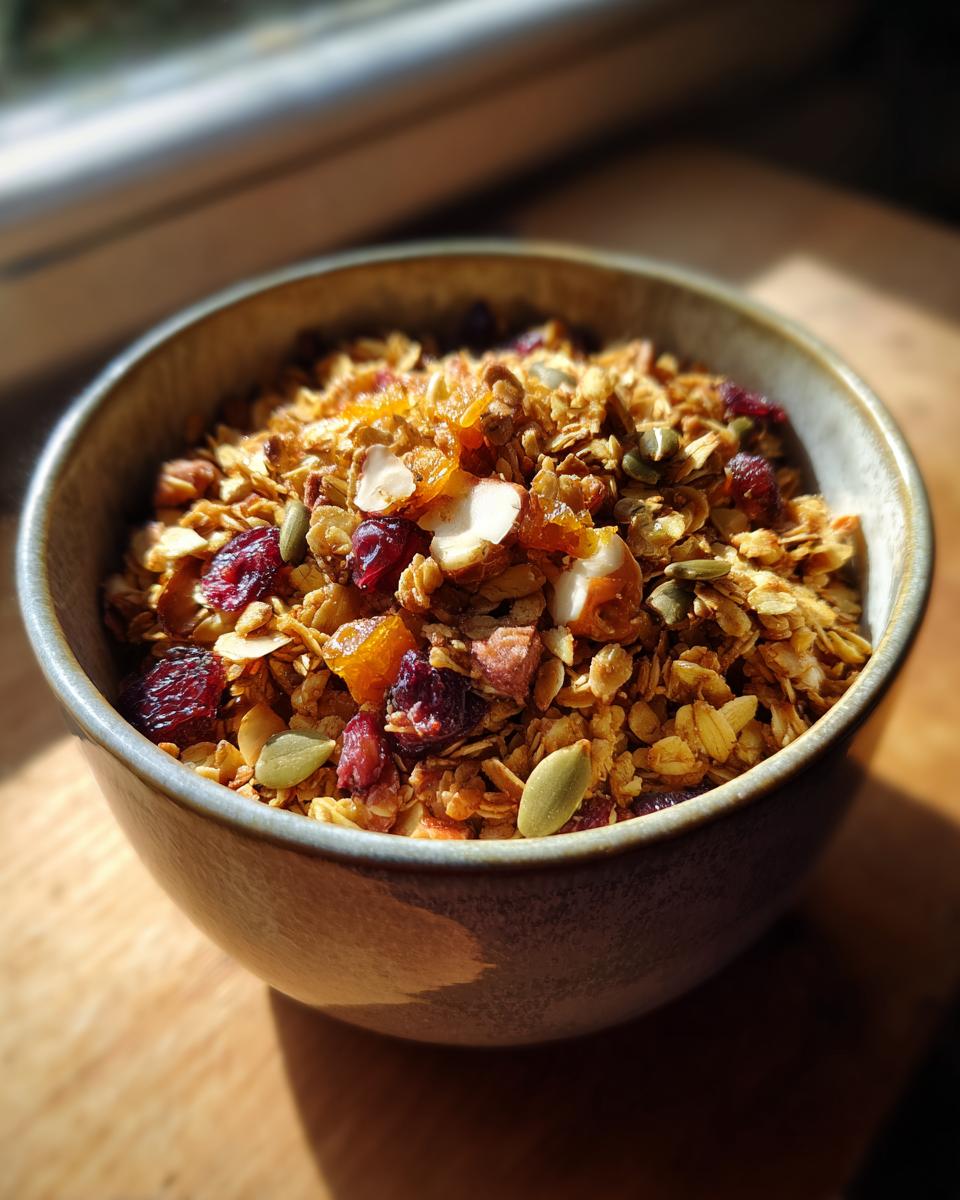 A close-up of a bowl filled with homemade granola, featuring oats, dried cranberries, almonds, pumpkin seeds, and dried apricots.