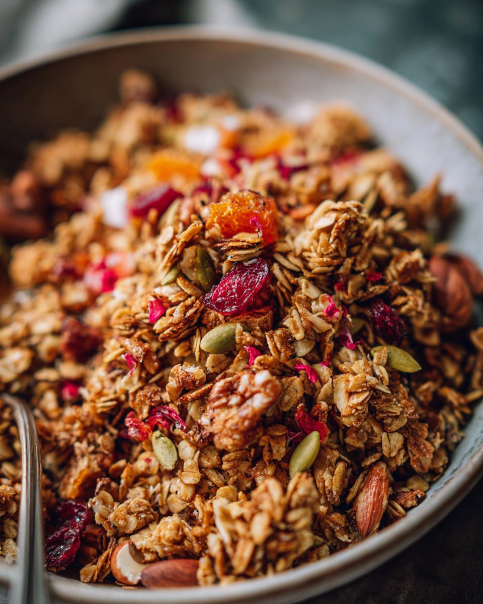 Close-up of a bowl filled with homemade granola, featuring oats, nuts, dried cranberries, and orange pieces.