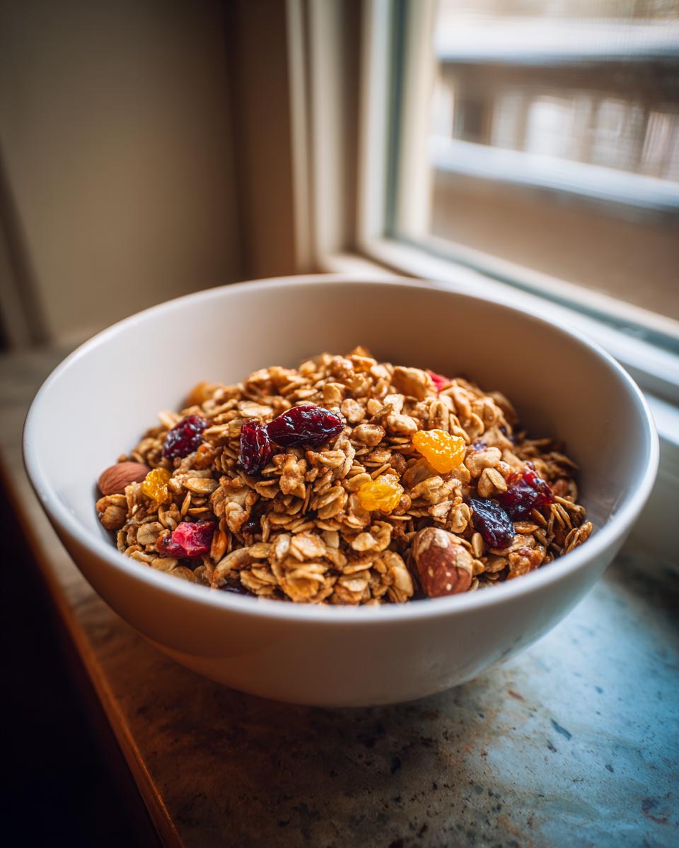 A bowl of homemade granola filled with oats, dried cranberries, apricots, almonds, and hazelnuts.