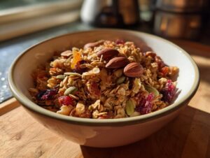 A close-up of a bowl filled with homemade granola, featuring oats, almonds, dried cranberries, pumpkin seeds, and dried apricots.