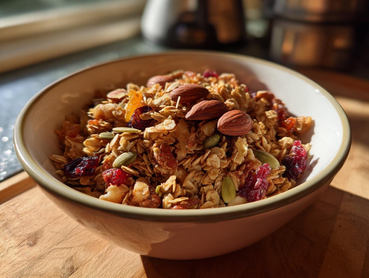 A close-up of a bowl filled with homemade granola, featuring oats, almonds, dried cranberries, pumpkin seeds, and dried apricots.