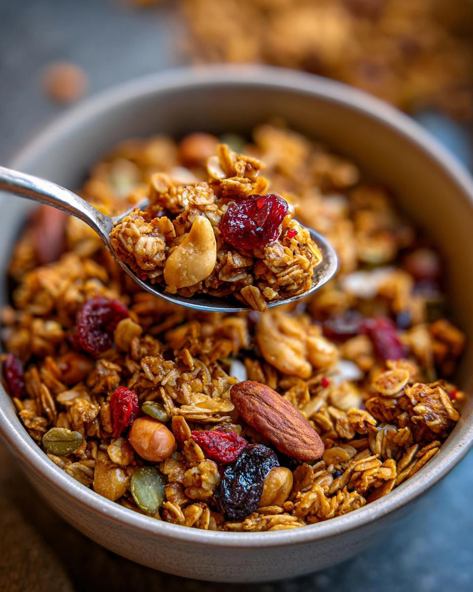 A spoonful of homemade granola filled with oats, nuts, dried cranberries, and cashews.