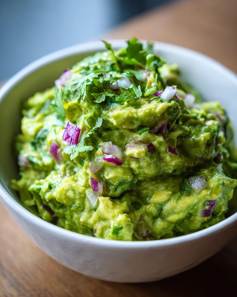 Close-up of a bowl filled with chunky, vibrant green homemade guacamole, topped with fresh cilantro and diced red onion.