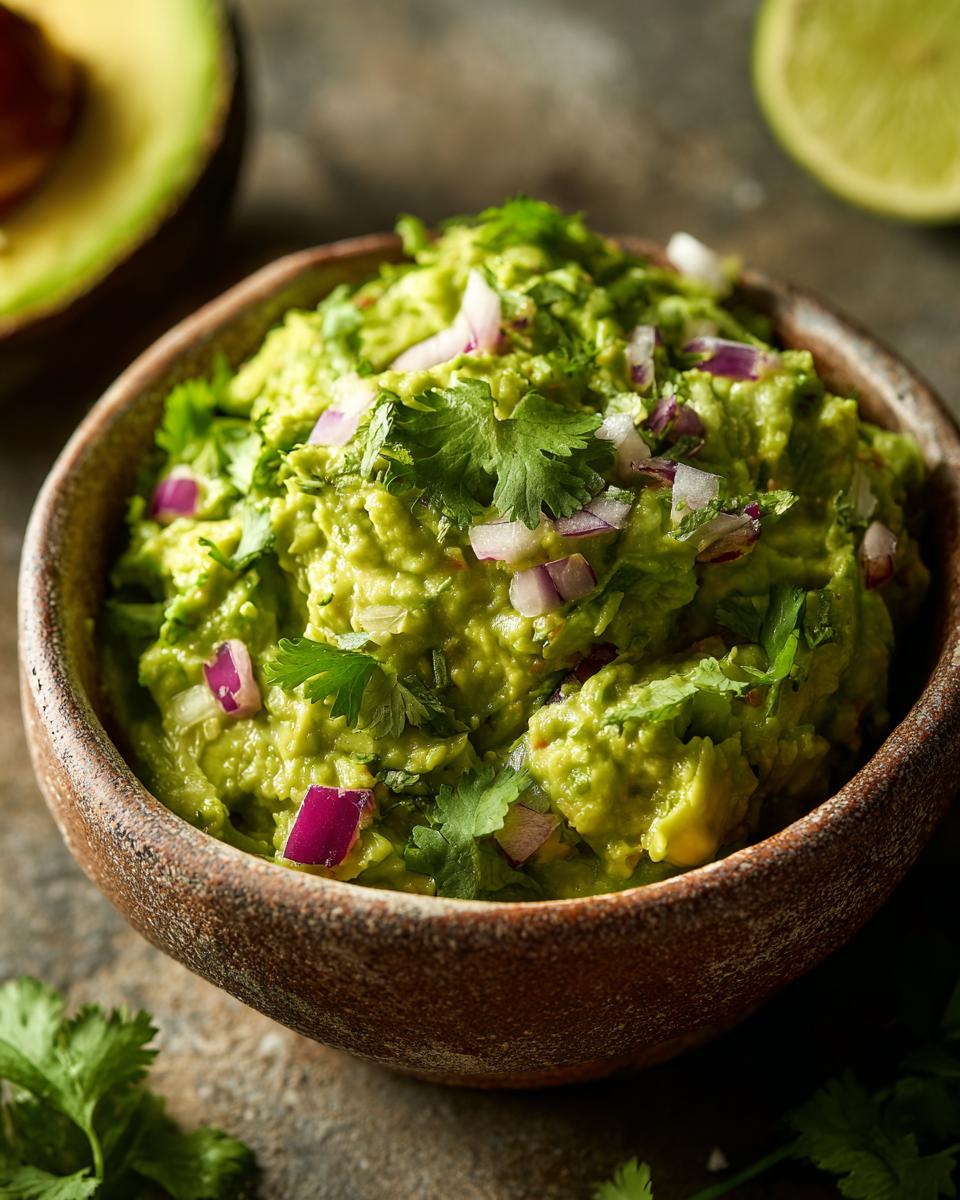 Close-up of a rustic bowl filled with vibrant green Homemade Guacamole, topped with red onion and cilantro.