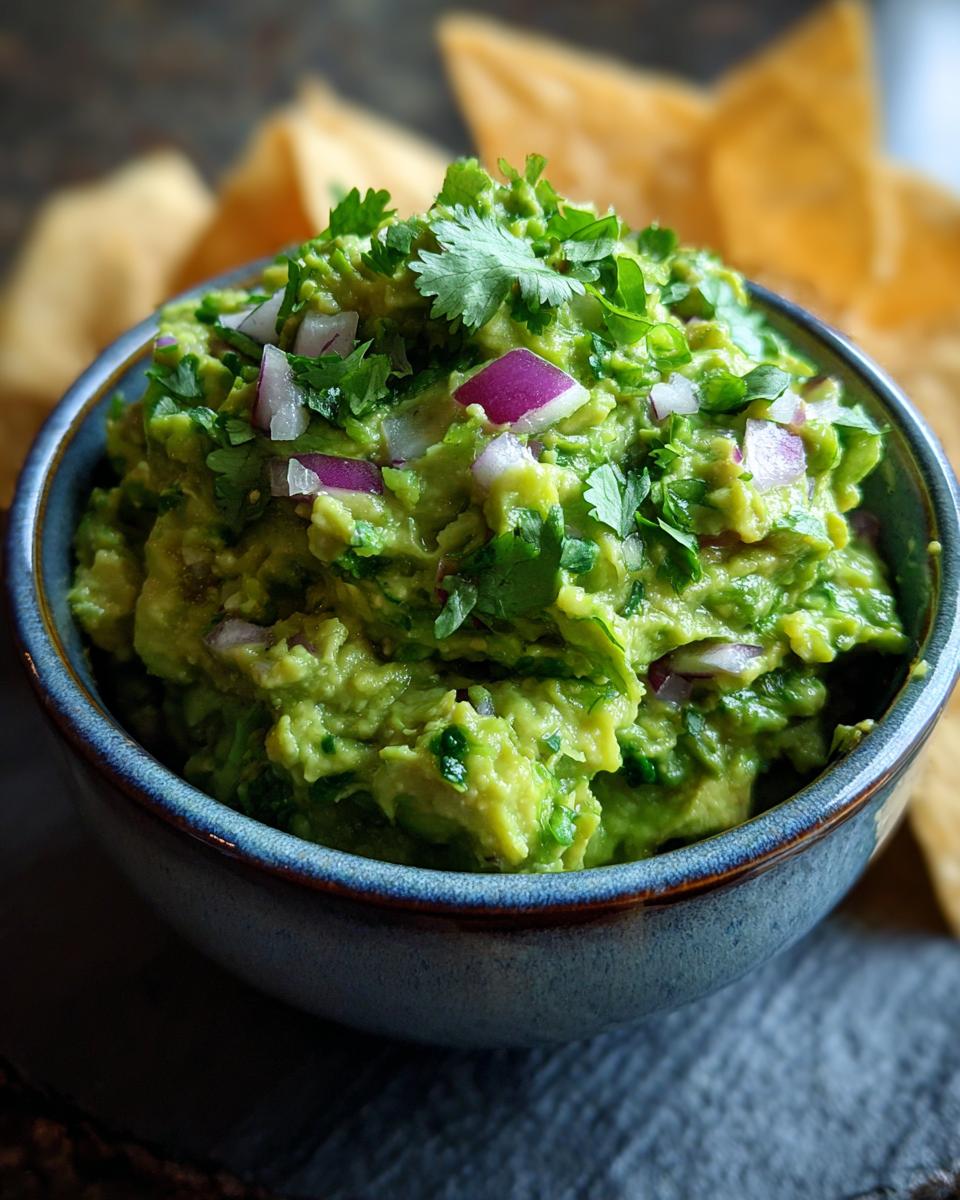 Close-up of a bowl of vibrant green homemade guacamole, topped with chopped red onion and fresh cilantro, with tortilla chips in the background.