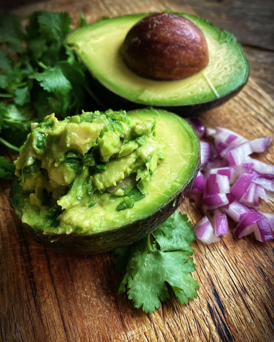 Close-up of fresh ingredients for homemade guacamole: avocado halves, chopped red onion, and cilantro on a wooden board.