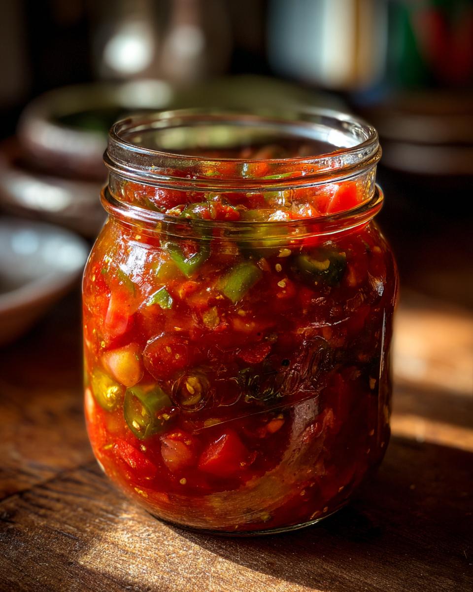 A close-up of a glass jar filled with vibrant homemade salsa, showcasing chopped tomatoes and jalapeños.