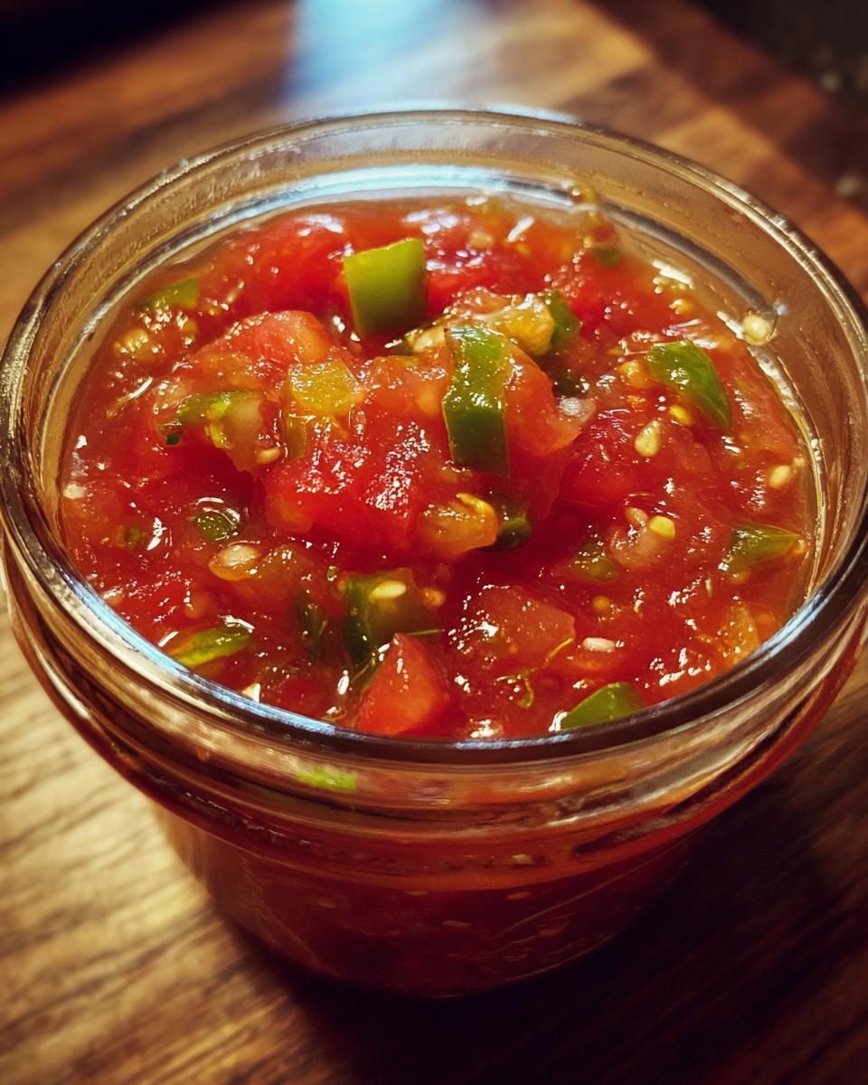 Close-up of a jar filled with fresh, chunky homemade salsa, featuring tomatoes and green peppers.