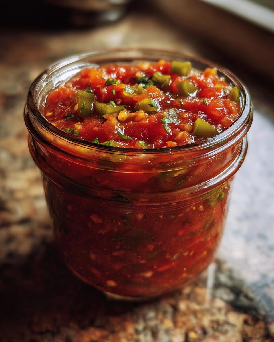 Close-up of a glass jar filled with vibrant, chunky homemade salsa, featuring tomatoes, jalapeños, and cilantro.