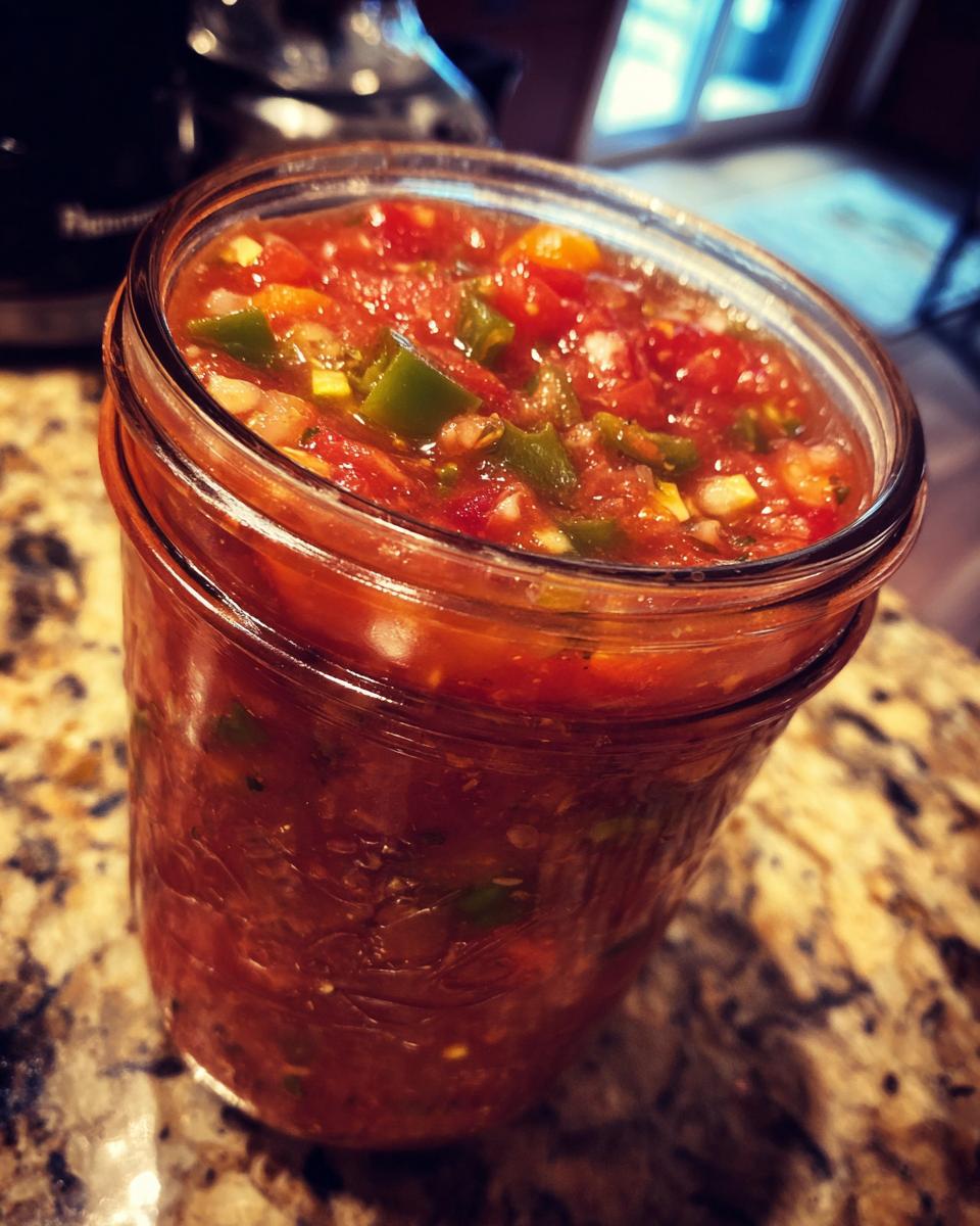 Close-up of a glass jar filled with vibrant, chunky homemade salsa, featuring tomatoes, jalapeños, and onions.