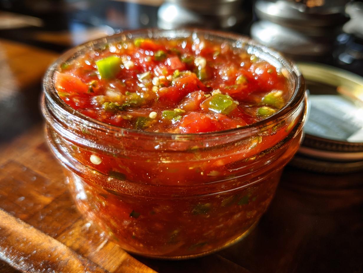 Close-up of a glass jar filled with vibrant, chunky homemade salsa, showcasing tomatoes, jalapeños, and herbs.