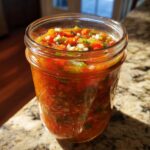 A close-up of a glass jar filled with vibrant homemade tomato salsa, ready for canning.