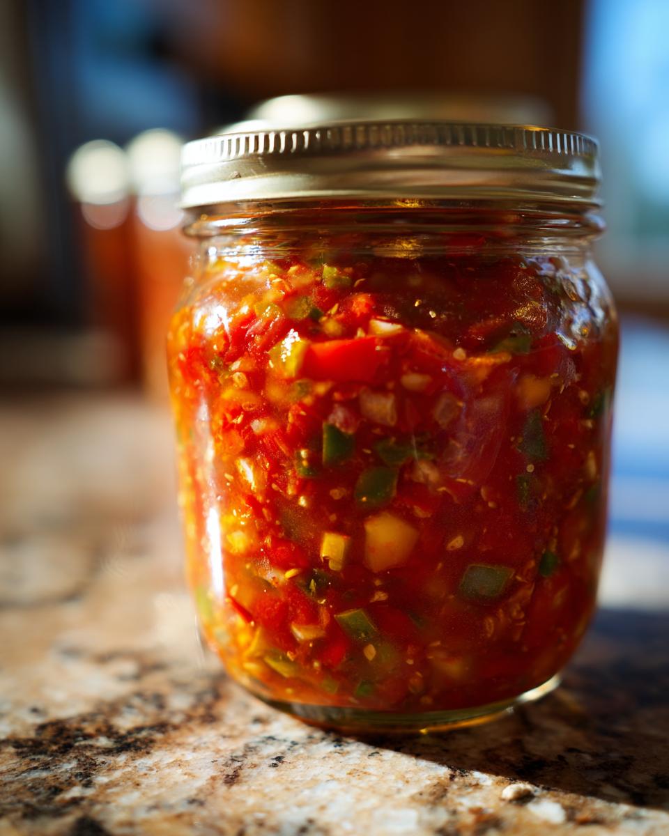 A close-up of a glass jar filled with vibrant homemade tomato salsa, ready for canning.