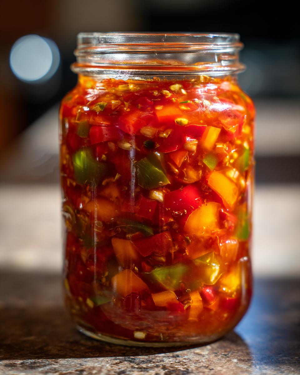 Close-up of a glass jar filled with vibrant homemade tomato salsa, ready for canning.