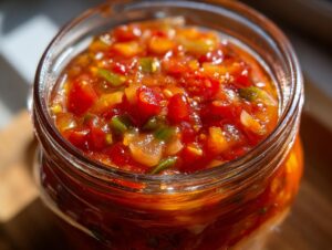 Close-up of a glass jar filled with vibrant homemade tomato salsa, perfect for canning.