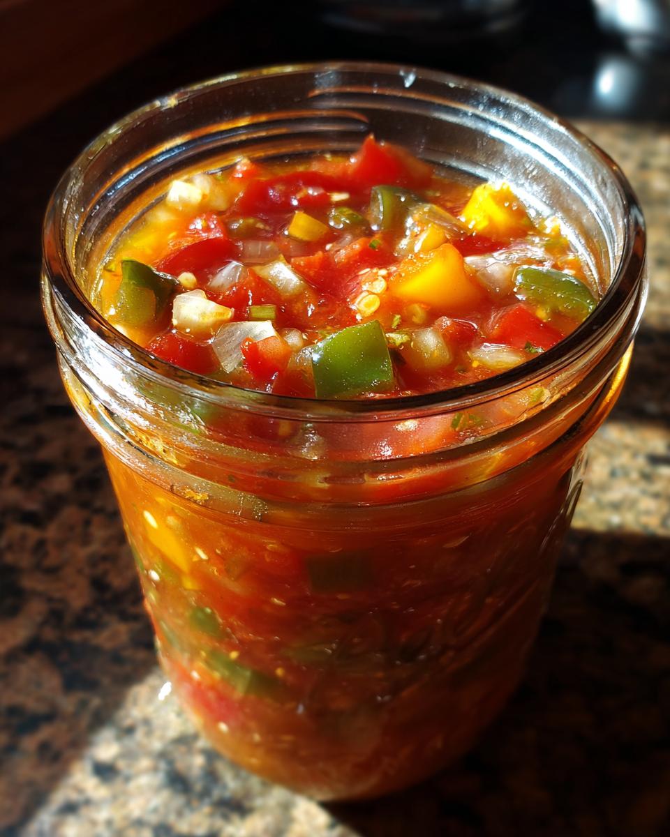Close-up of a glass jar filled with vibrant homemade tomato salsa, featuring chunks of tomatoes, peppers, and onions.