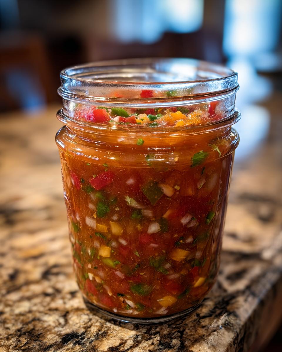 Close-up of a glass jar filled with vibrant homemade tomato salsa, showcasing chunks of tomatoes, peppers, and onions.