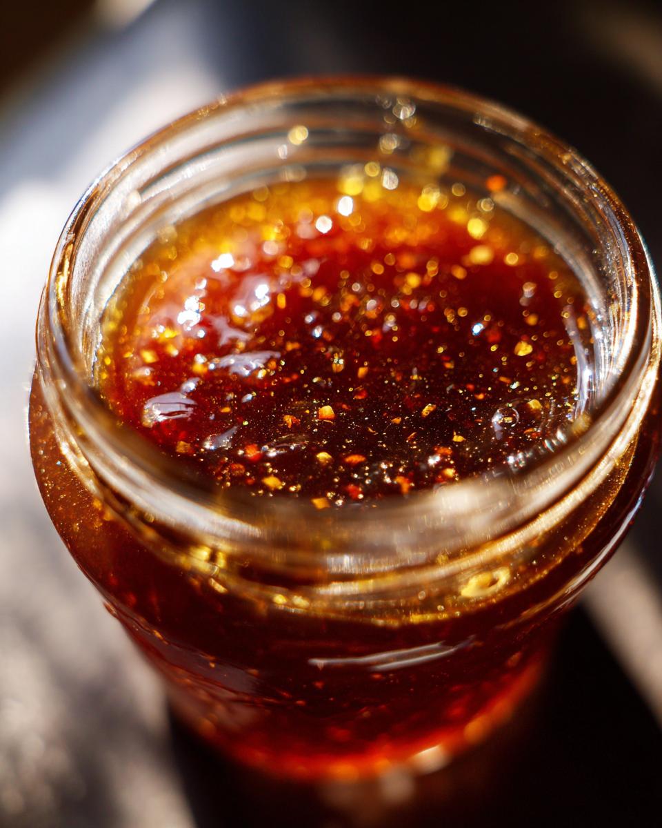 Close-up of a glass jar filled with glistening homemade honey BBQ sauce, showing small flecks of spices.