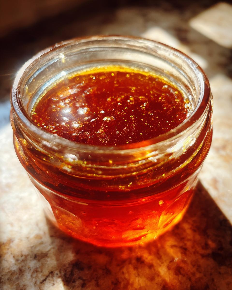 Close-up of a small glass jar filled with glistening, amber-colored honey BBQ sauce.
