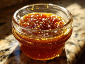 Close-up of a small glass jar filled with glistening honey BBQ sauce, with visible spices and texture.
