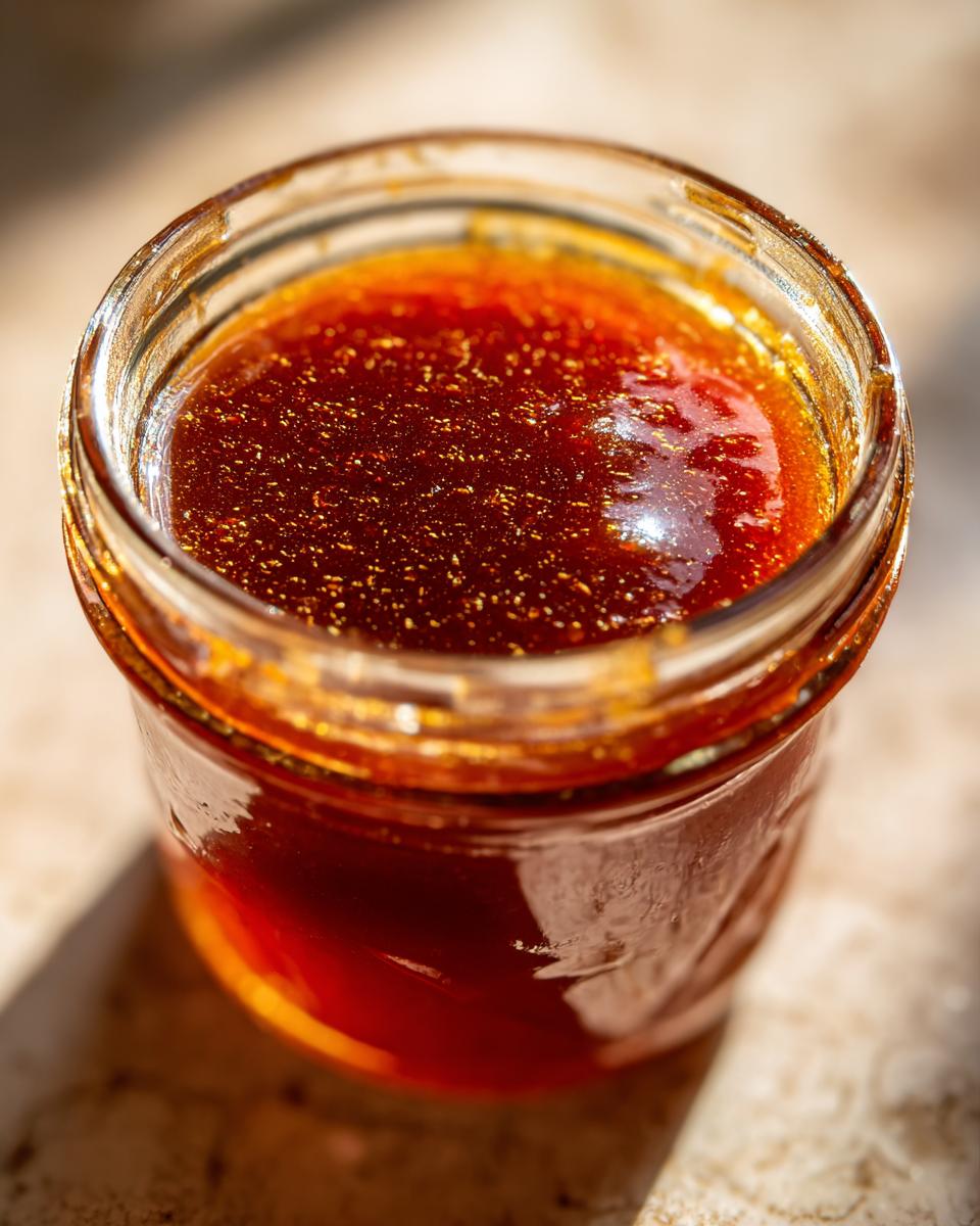 Close-up of a glass jar filled with glistening, homemade honey BBQ sauce, showing its rich, dark amber color.