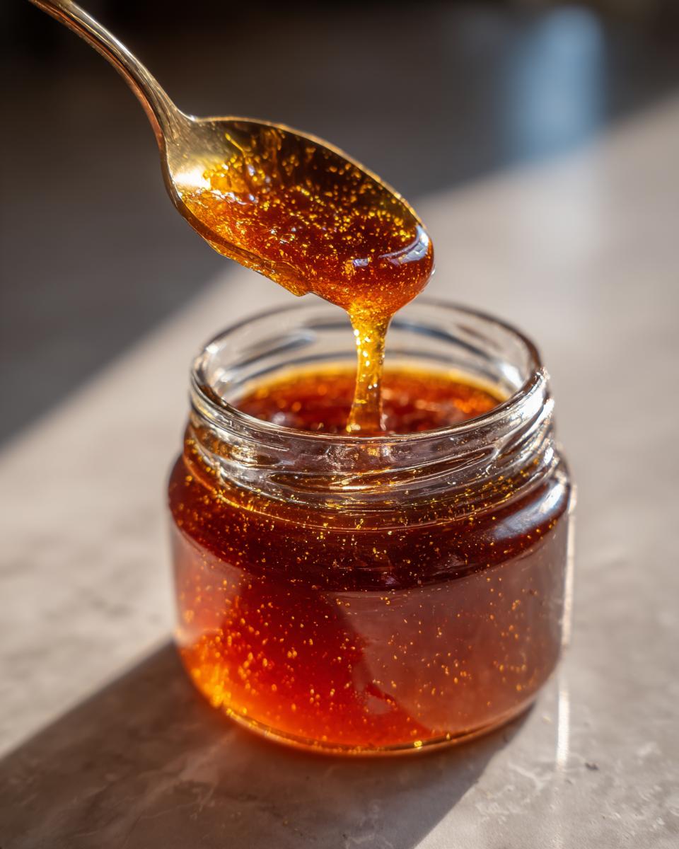A golden spoon lifts thick, glossy honey BBQ sauce from a glass jar, showing its rich texture.